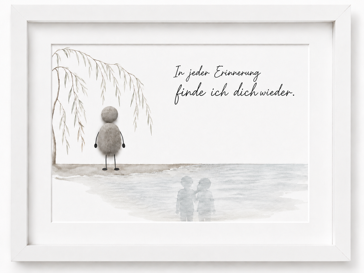 Kieselsteinbild Steinfigur unter Trauerweide am Wasser „In jeder Erinnerung finde ich dich wieder.“ – Trauergeschenk, handgemachtes Steinbild