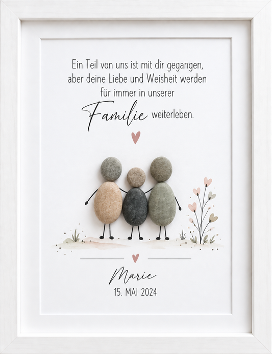 Kieselsteinbild Familien-Steinfiguren mit Herzblumen, personalisierbar mit Name und Datum „Ein Teil von uns“ – Trauergeschenk für die Familie, handgemachtes Steinbild
