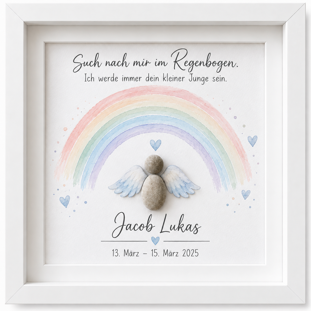 Kieselsteinbild Engel vor Regenbogen, personalisierbar mit Name und Datum „Such nach mir im Regenbogen. Ich werde immer dein kleiner Junge sein.“ – Trauergeschenk Sternenkind, handgemachtes Steinbild
