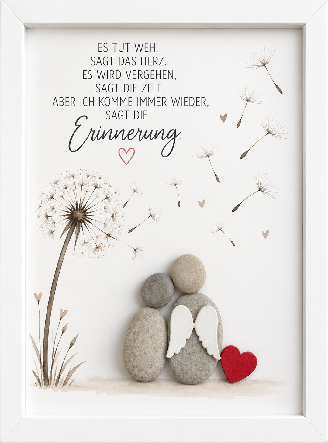 Kieselsteinbild Elternpaar mit Engelsflügeln und rotem Herz vor Pusteblumen „Es tut weh, sagt das Herz. Es wird vergehen, sagt die Zeit. Aber ich komme immer wieder, sagt die Erinnerung." – persönliches Trauergeschenk, handgemachtes Steinbild