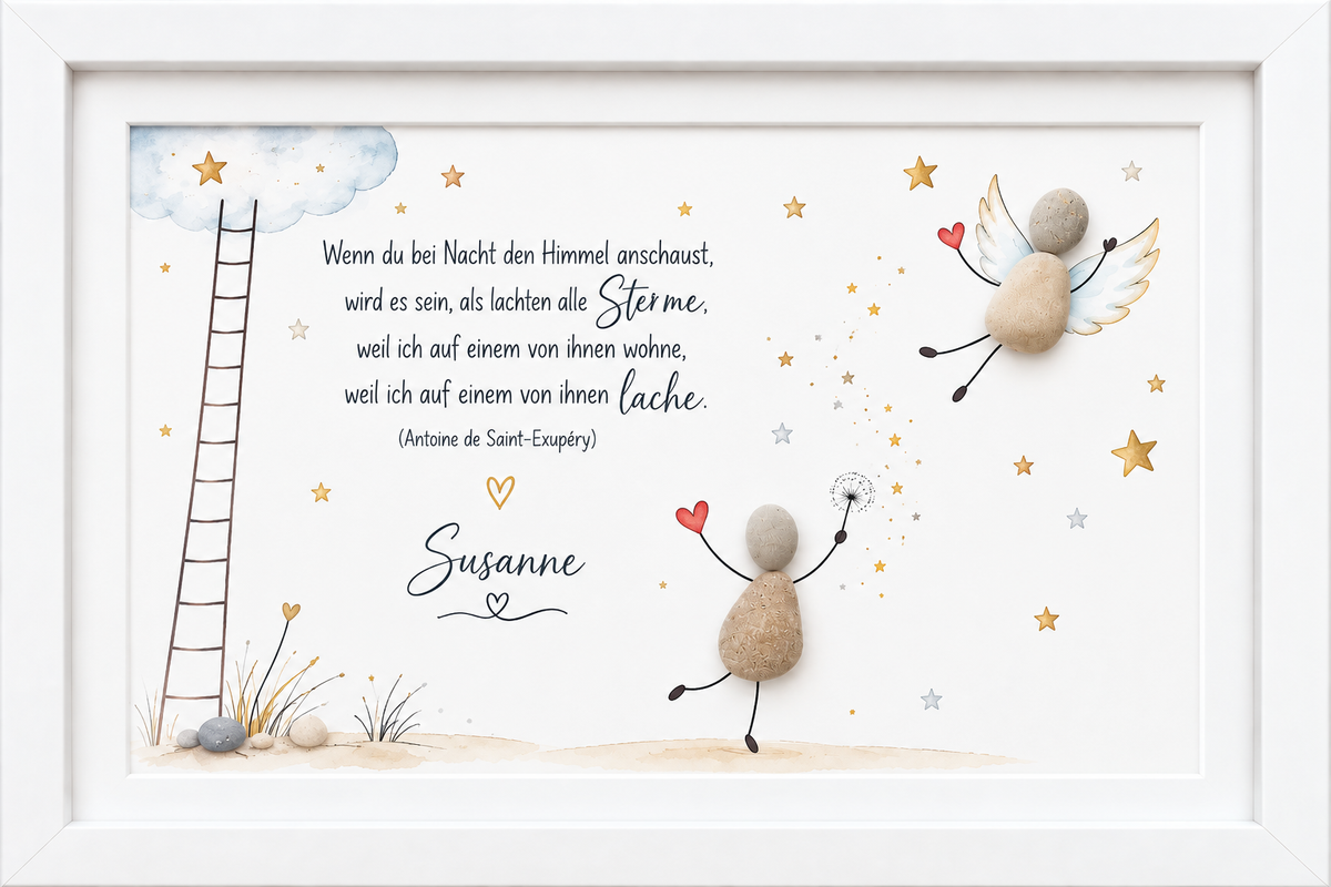 Kieselsteinbild Steinfigur mit Pusteblume und Engel mit Herzballon vor Sternenhimmel, personalisierbar mit Namen „Wenn du bei Nacht den Himmel anschaust" – personalisierbares Trauergeschenk, handgemachtes Steinbild
