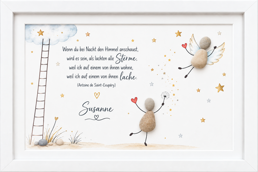 Kieselsteinbild Steinfigur mit Pusteblume und Engel mit Herzballon vor Sternenhimmel, personalisierbar mit Namen „Wenn du bei Nacht den Himmel anschaust" – personalisierbares Trauergeschenk, handgemachtes Steinbild