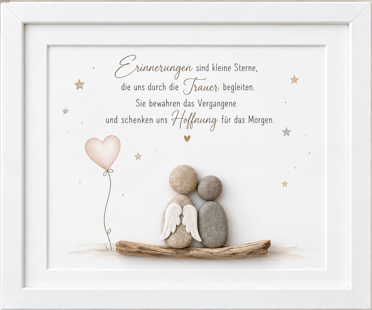 Kieselsteinbild Elternpaar mit Engelsflügeln auf Treibholz vor Sternenhimmel und Herzluftballon „Erinnerungen sind kleine Sterne, die uns durch die Trauer begleiten. Sie bewahren das Vergangene und schenken uns Hoffnung für das Morgen." – persönliches Trauergeschenk, handgemachtes Steinbild