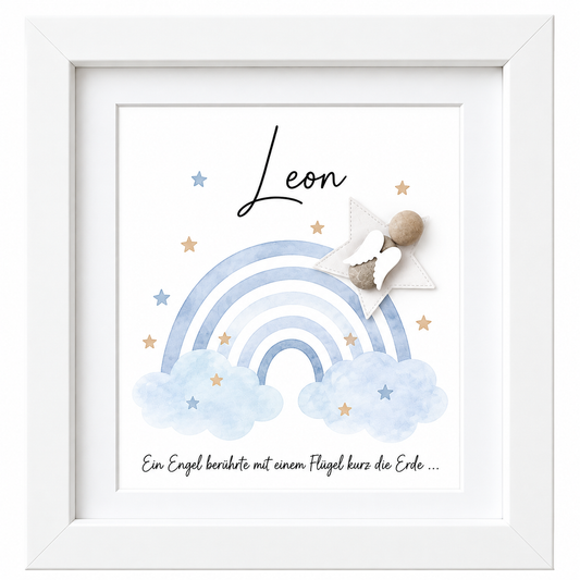 Kieselsteinbild Steinfigur mit Engelsflügeln „Kleiner Engel – in unseren Träumen.“ – Trauergeschenk, handgemachtes Steinbild