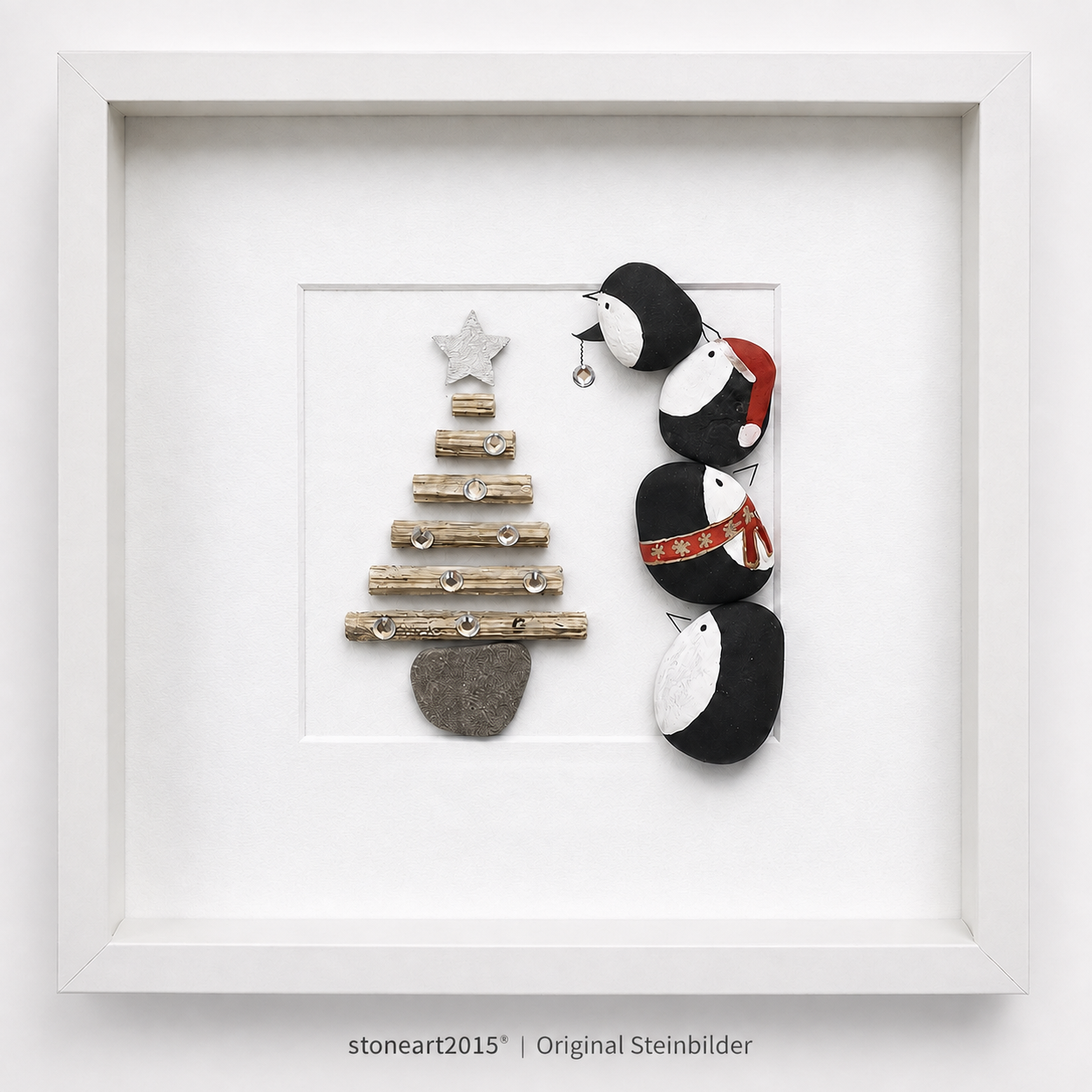 Kieselsteinbild Pinguine am Weihnachtsbaum, Weihnachtsgeschenk, handgemachtes Steinbild
