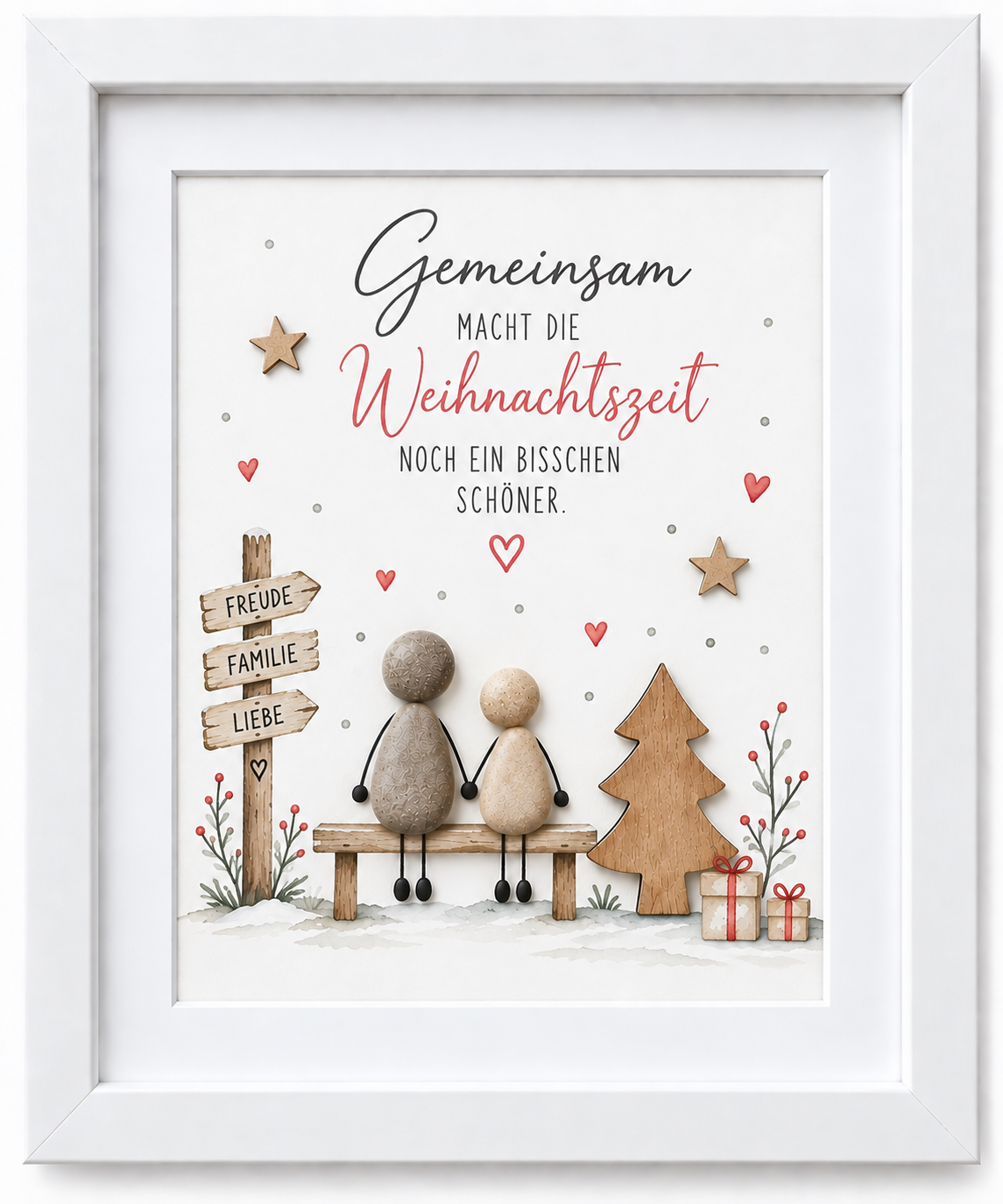 Kieselsteinbild Gemeinsam macht die Weihnachtszeit noch ein bisschen schöner – Weihnachtsgeschenk, handgemachtes Steinbild