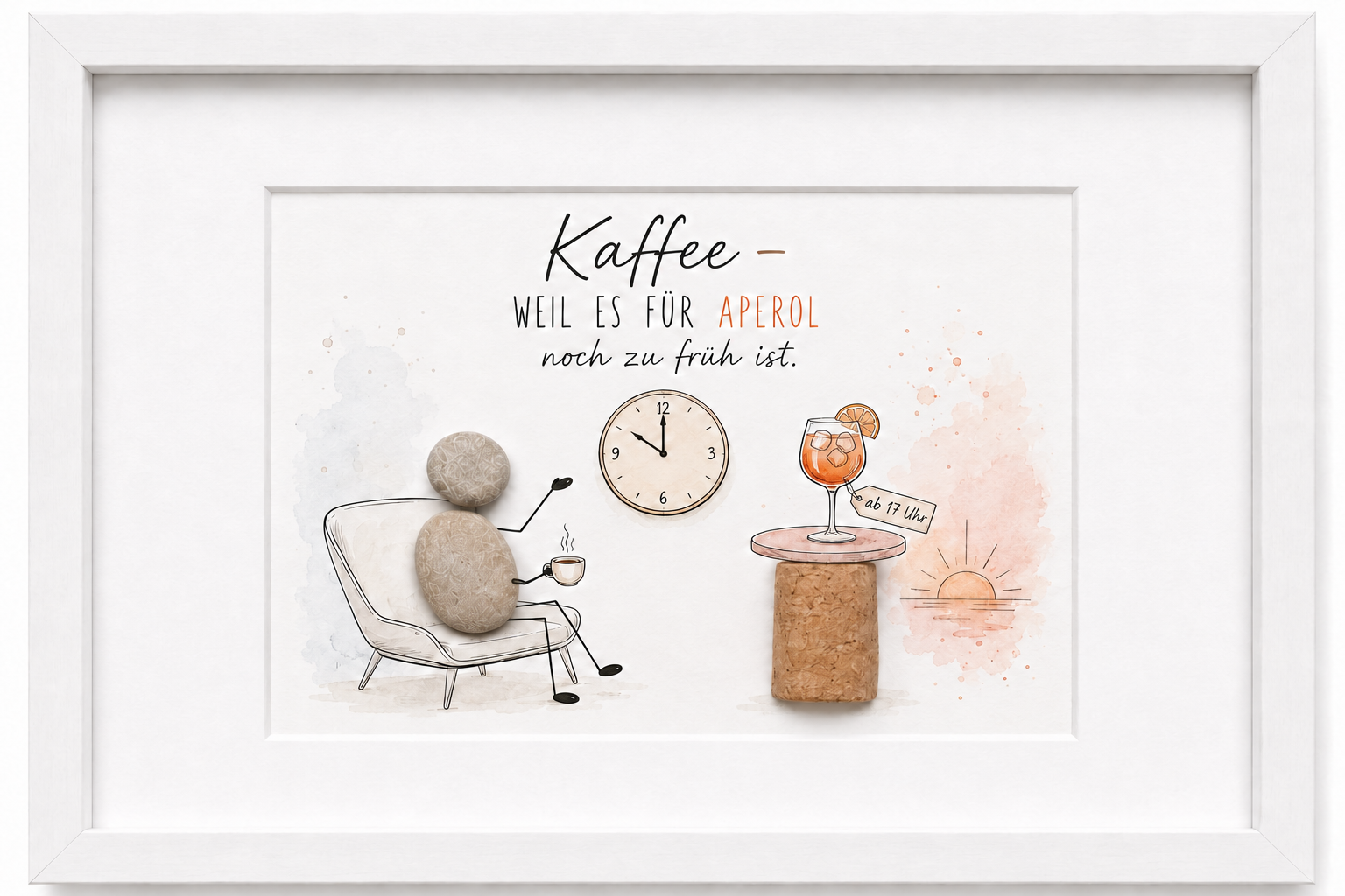 Kieselsteinbild Kaffee weil es für Aperol noch zu früh ist – Geschenk für Kaffee- und Aperolfans, handgemachtes Steinbild