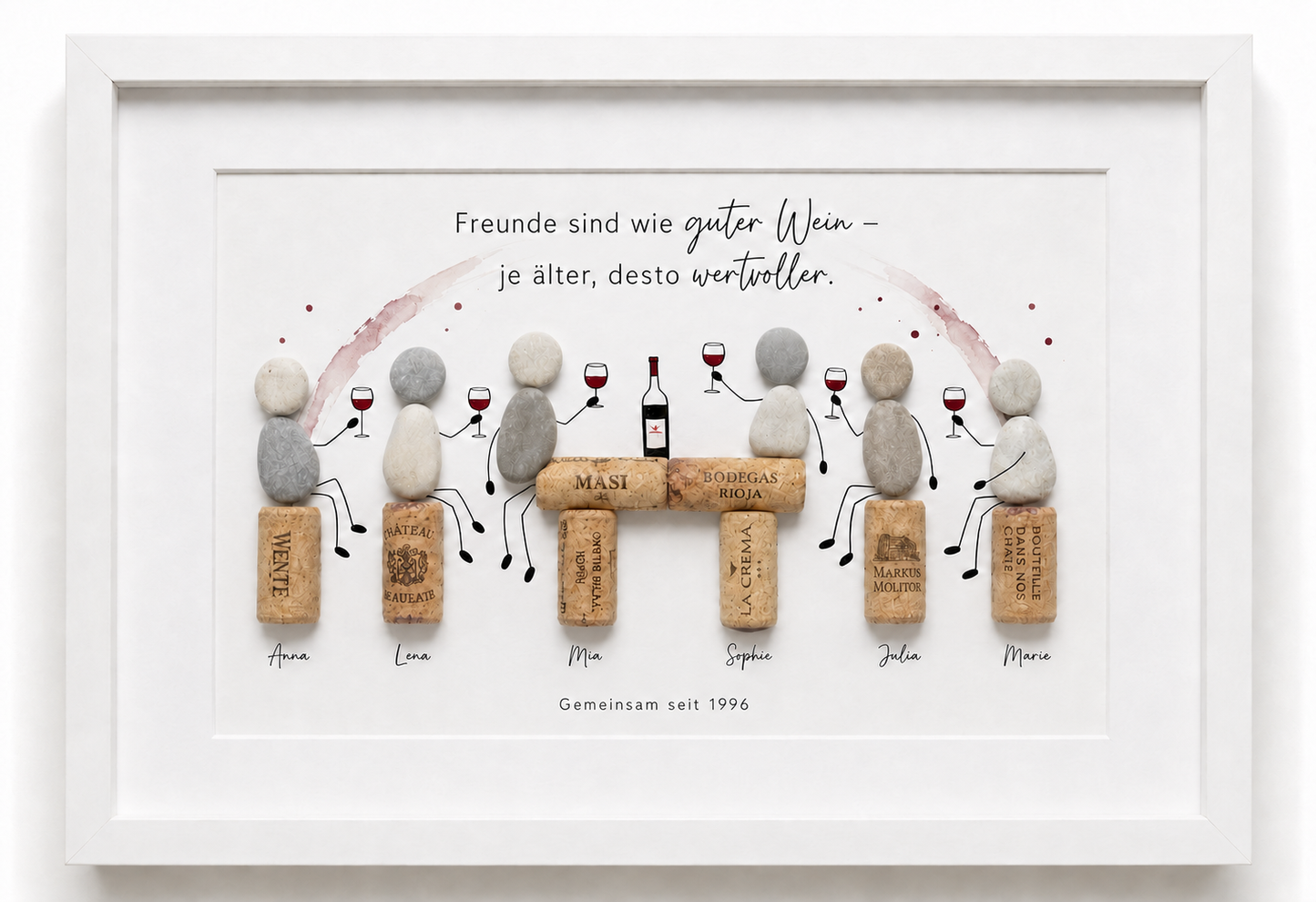 Kieselsteinbild Freunde sind wie guter Wein personalisiert mit Namen – Geschenk für Freundeskreis, handgemachtes Steinbild