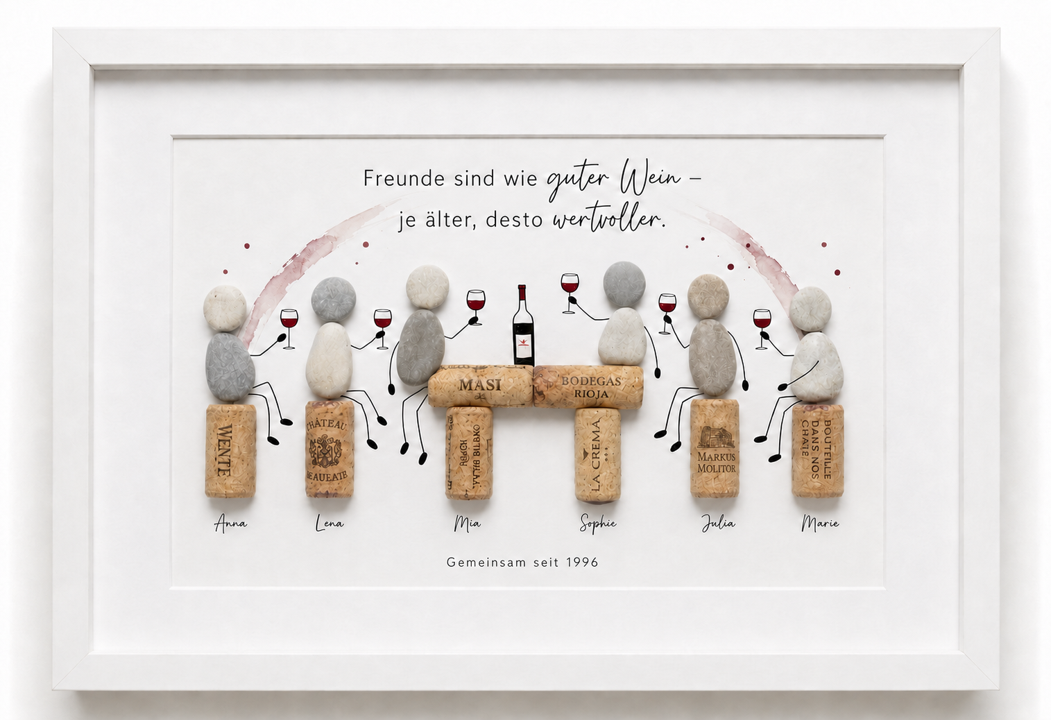 Kieselsteinbild Freunde sind wie guter Wein personalisiert mit Namen – Geschenk für Freundeskreis, handgemachtes Steinbild