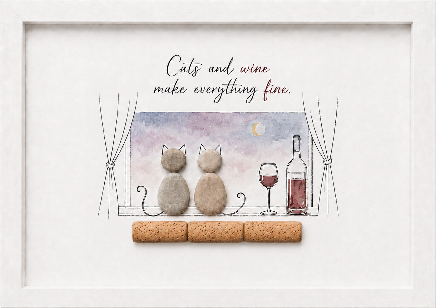 Kieselsteinbild Cats and wine make everything fine – Geschenk für Katzen- und Weinliebhaber, handgemachtes Steinbild