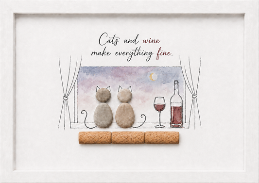 Kieselsteinbild Cats and wine make everything fine – Geschenk für Katzen- und Weinliebhaber, handgemachtes Steinbild