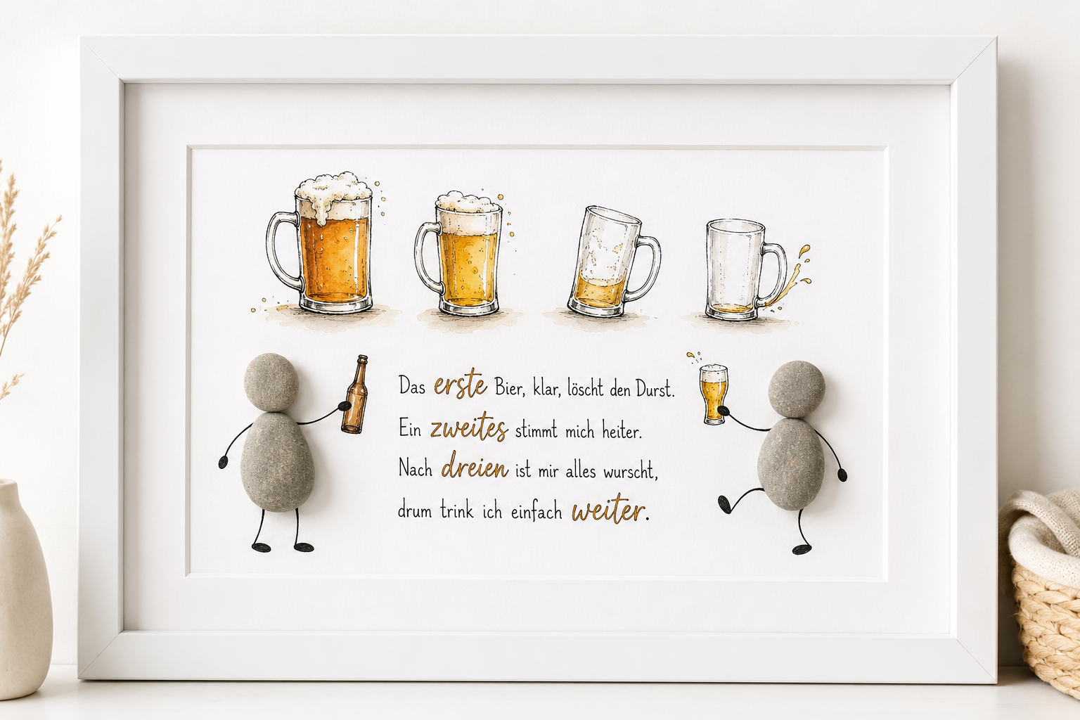 Kieselsteinbild Das erste Bier klar löscht den Durst – Geschenk für Biertrinker, handgemachtes Steinbild