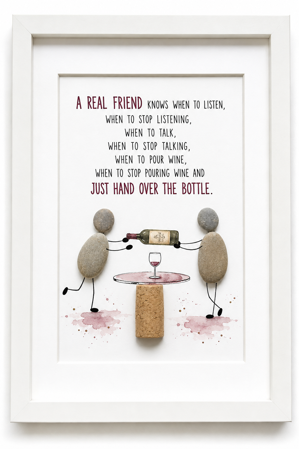Kieselsteinbild A real friend knows when to pour wine – Geschenk für beste Freundin, handgemachtes Steinbild