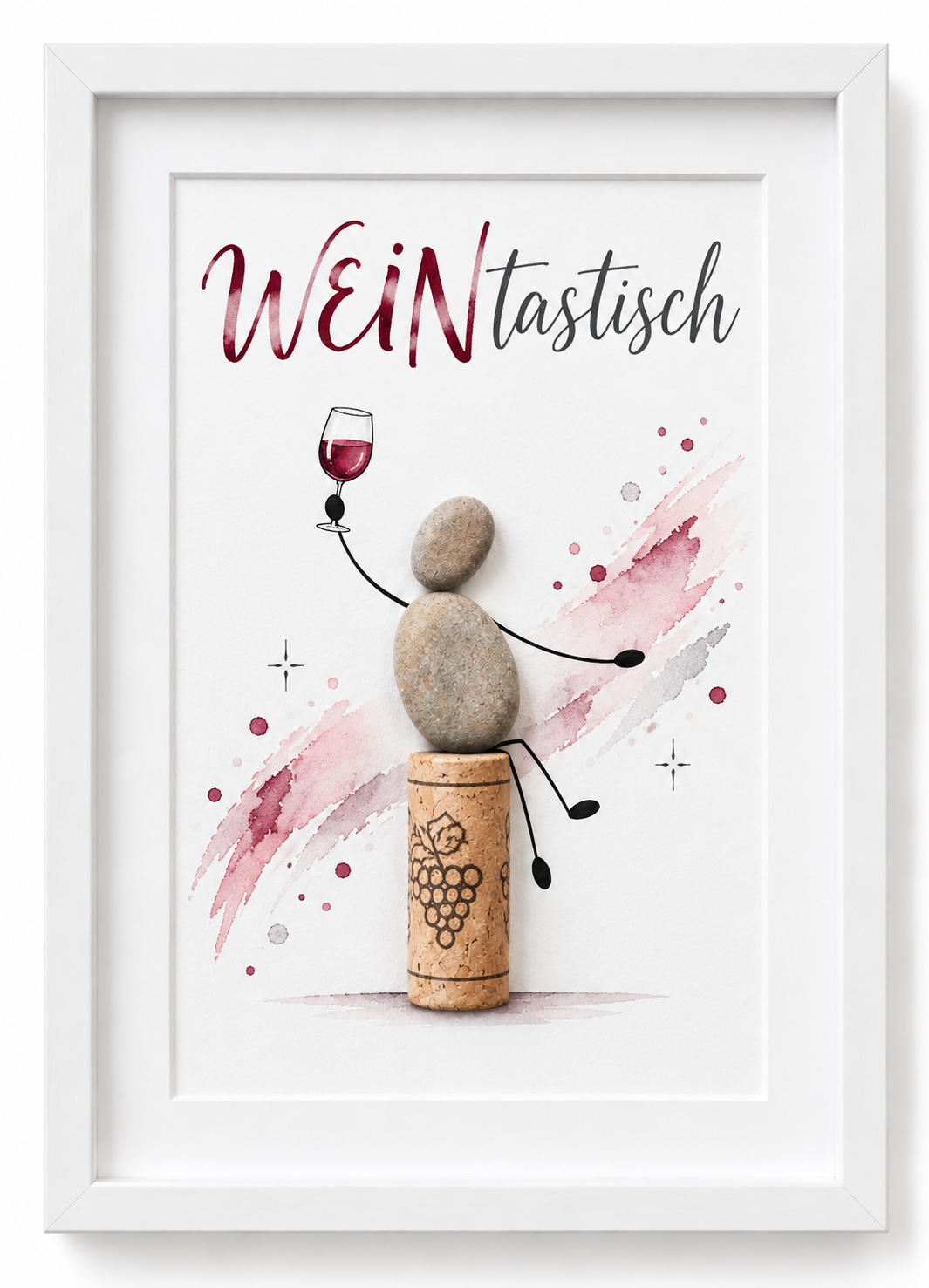 Kieselsteinbild Yoga and Wine makes everything fine – witziges Geschenk für Weinliebhaber, handgemachtes Steinbild