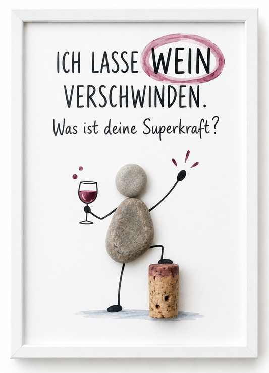 Kieselsteinbild Ich lasse Wein verschwinden, was ist deine Superkraft – witziges Geschenk für Weinliebhaber, handgemachtes Steinbild