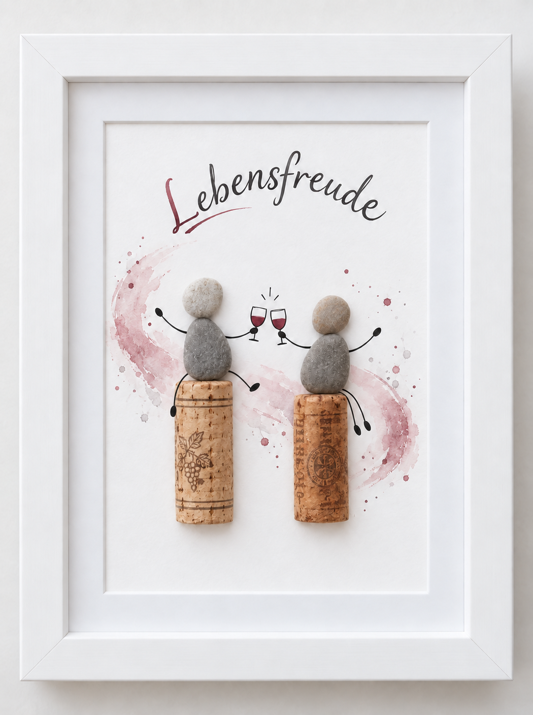 Kieselsteinbild Lebensfreude – Geschenk für zwei Weinliebhaber, handgemachtes Steinbild