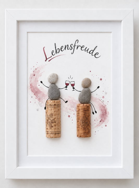 Kieselsteinbild Lebensfreude – Geschenk für zwei Weinliebhaber, handgemachtes Steinbild