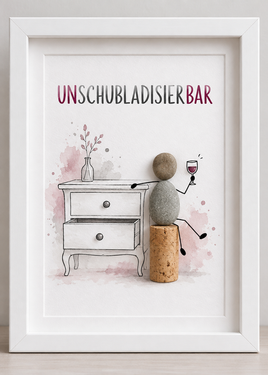 Kieselsteinbild Unschubladisierbar – witziges Geschenk für Weinliebhaber, handgemachtes Steinbild