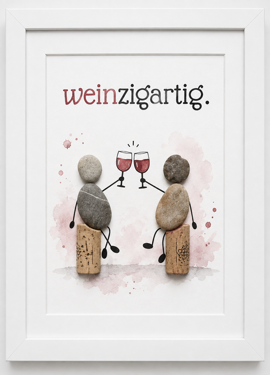 Kieselsteinbild weinzigartig – Geschenk für zwei Weinliebhaber, handgemachtes Steinbild