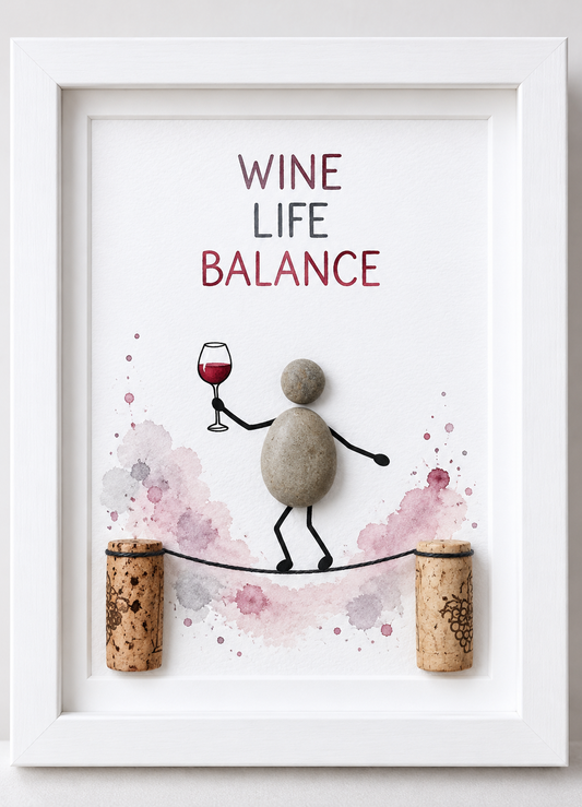 Kieselsteinbild Wine Life Balance – Geschenk für Weinliebhaber, handgemachtes Steinbild