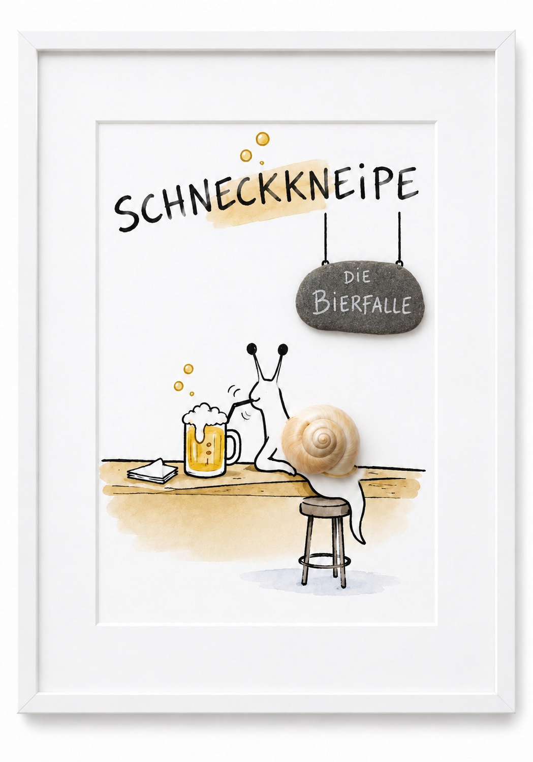 Kieselsteinbild Schneckkneipe Die Bierfalle – witziges Geschenk für Bierliebhaber, handgemachtes Bild mit Schnecke