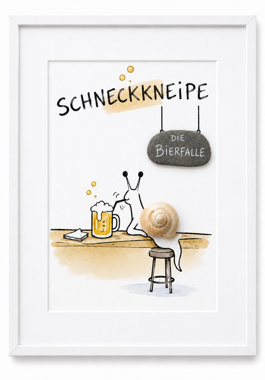 Kieselsteinbild Schneckkneipe Die Bierfalle – witziges Geschenk für Bierliebhaber, handgemachtes Bild mit Schnecke
