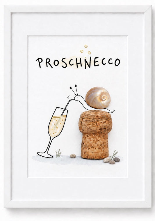 Kieselsteinbild Proschnecco – witziges Geschenk für Prosecco-Liebhaber, handgemachtes Bild mit Schnecke