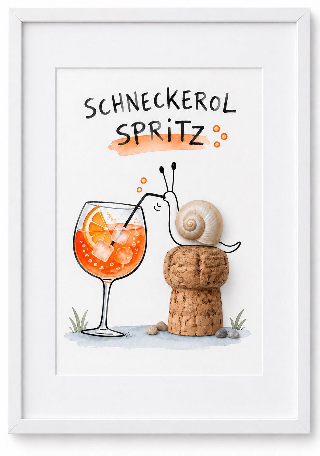 Kieselsteinbild Schneckerol Spritz – witziges Geschenk für Aperol-Liebhaber, handgemachtes Bild mit Schnecke