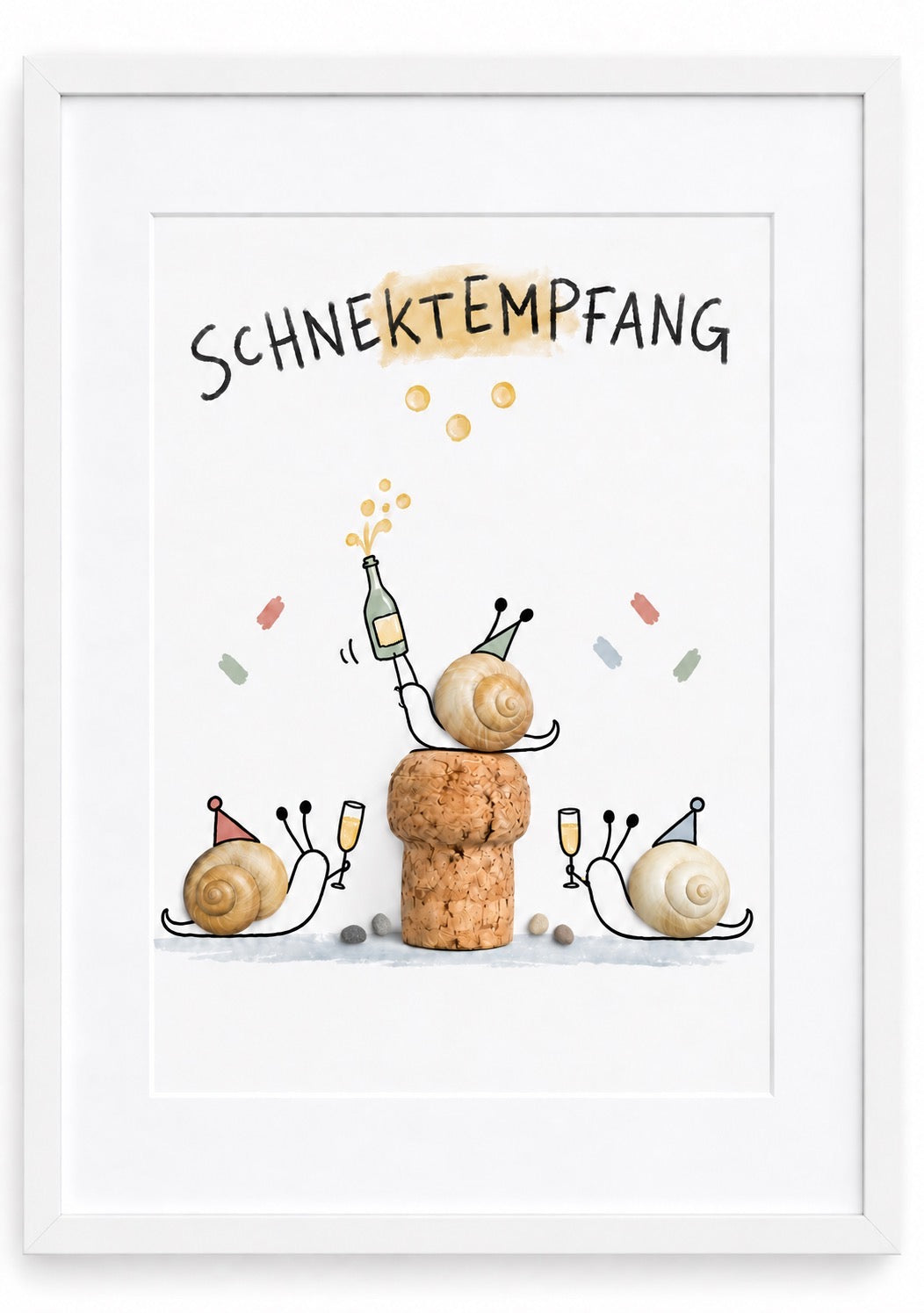 Kieselsteinbild Schnektempfang – witziges Geschenk für Sektliebhaber, handgemachtes Bild mit Schnecken