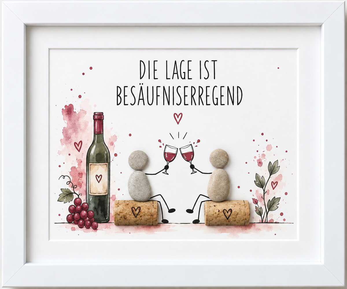 Kieselsteinbild Die Lage ist besäufniserregend – Geschenk für Weinliebhaber, handgemachtes Steinbild