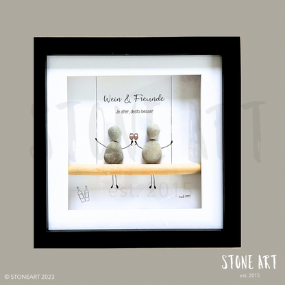 Handgemachtes Steinbild mit Spruch – Wein und Freunde je älter desto besser – Geschenk für Weinliebhaber