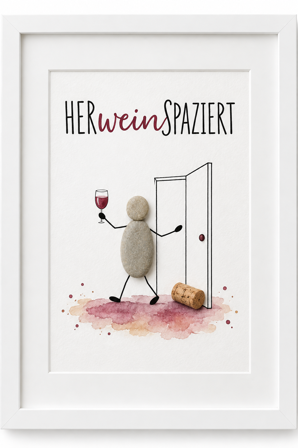 Kieselsteinbild Herweinspaziert – Geschenk für Weinliebhaber, handgemachtes Steinbild