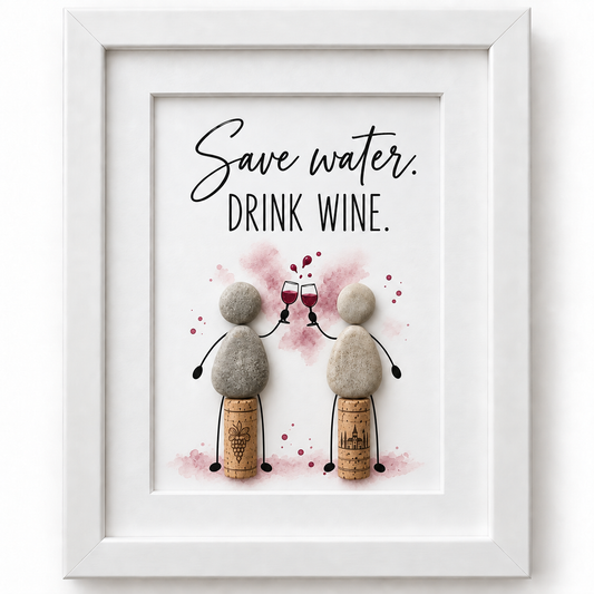 Kieselsteinbild Save water Drink wine mit Weinkorken – Geschenk für Weinliebhaber, handgemachtes Steinbild