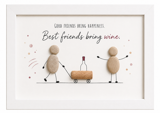 Kieselsteinbild Good friends bring wine – Geschenk für Weinliebhaber, handgemachtes Steinbild