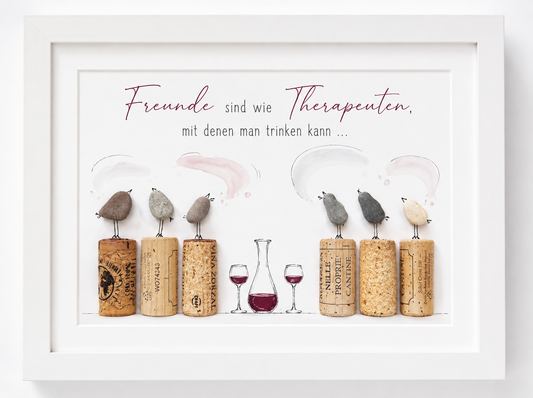 Kieselsteinbild Freunde sind wie Therapeuten mit denen man trinken kann – Geschenk für Weinliebhaber, handgemachtes Steinbild