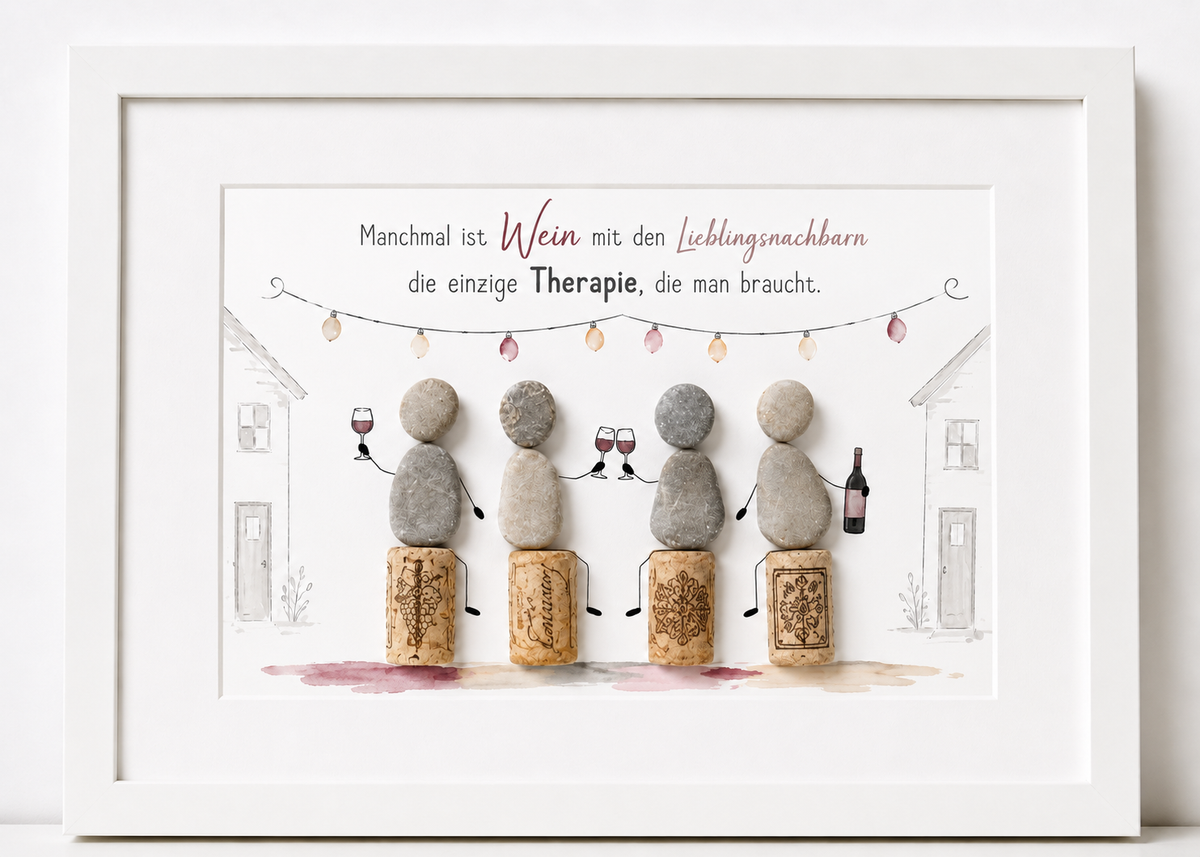 Kieselsteinbild Manchmal ist mit dem Lieblingsnachbarn Wein trinken die einzige Therapie – Geschenk für Nachbarn, handgemachtes Steinbild