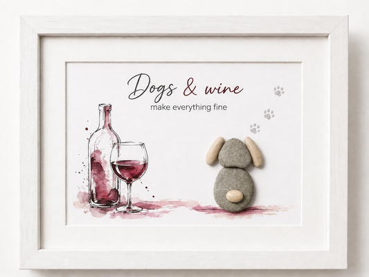 Kieselsteinbild Dogs and wine make everything fine – Geschenk für Hunde- und Weinliebhaber, handgemachtes Steinbild