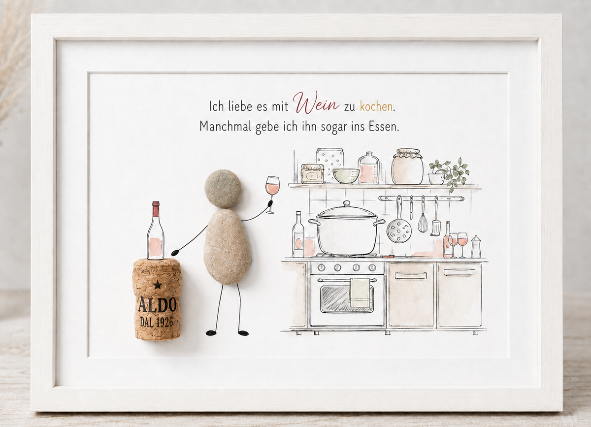 Kieselsteinbild Ich liebe es mit Wein zu kochen – Geschenk für Weinliebhaber, handgemachtes Steinbild