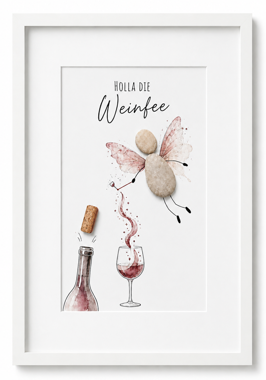 Kieselsteinbild Holla die Weinfee – Geschenk für Weinliebhaber, handgemachtes Steinbild