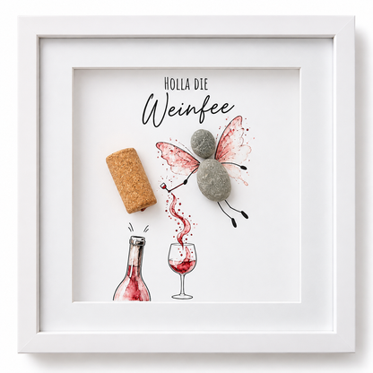 Kieselsteinbild Holla die Weinfee – Geschenk für Weinliebhaber, handgemachtes Steinbild