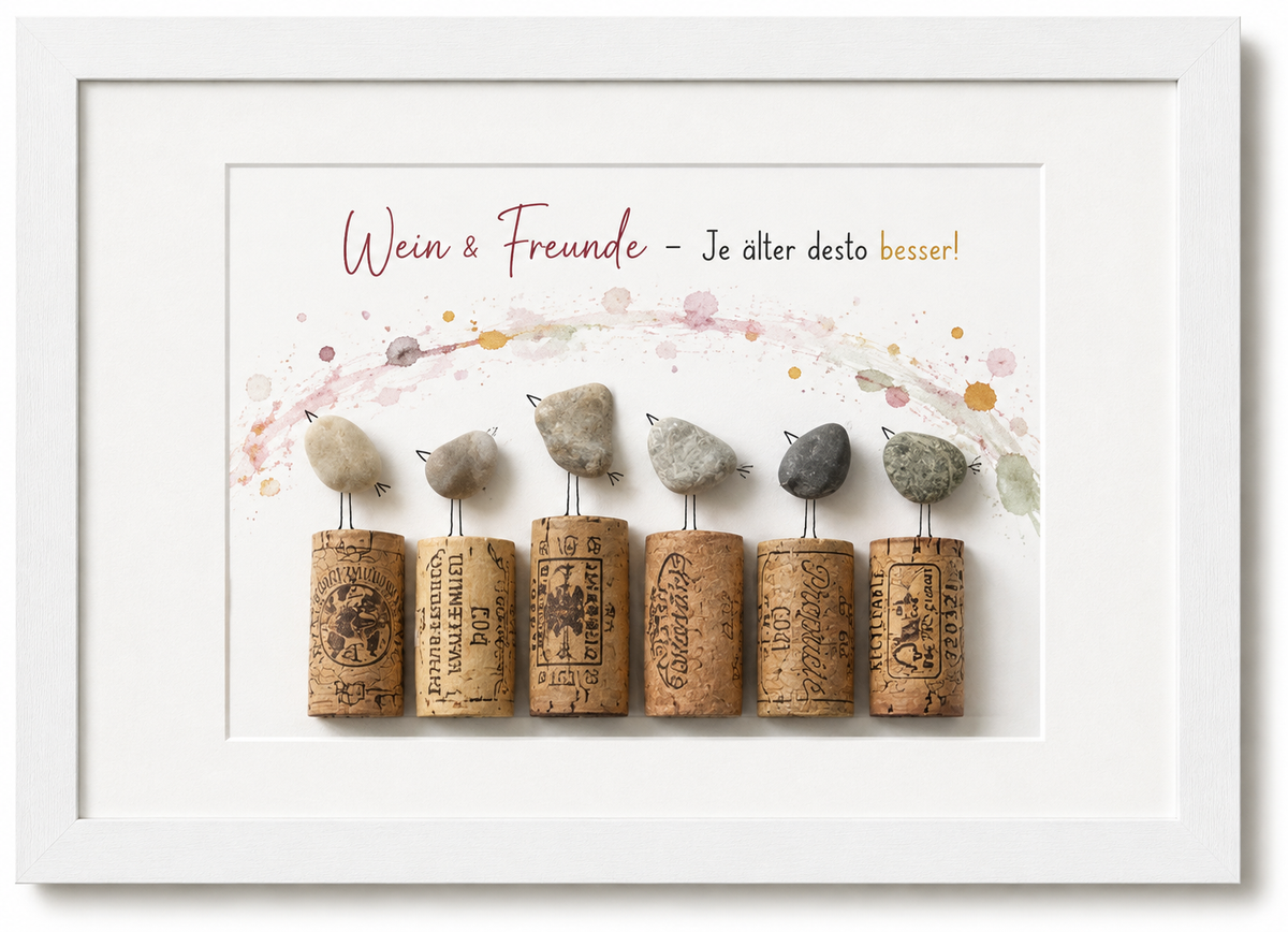 Kieselsteinbild Wein und Freunde je älter desto besser – Geschenk für Weinliebhaber, handgemachtes Steinbild
