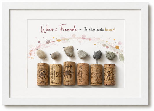 Kieselsteinbild Wein und Freunde je älter desto besser – Geschenk für Weinliebhaber, handgemachtes Steinbild