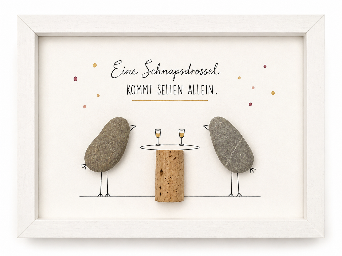 Kieselsteinbild Schnapsdrosseln – Geschenk für Weinliebhaber, handgemachtes Steinbild