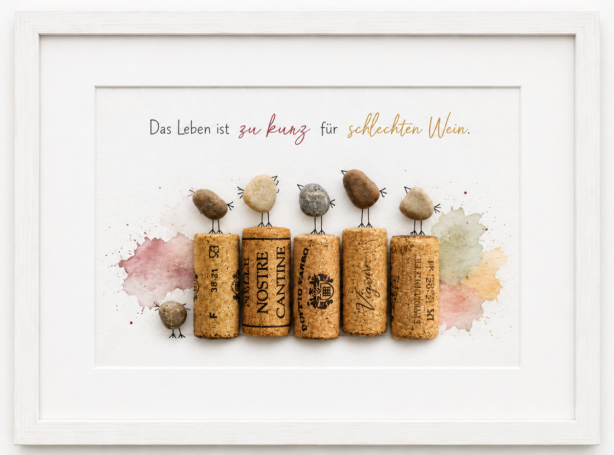 Kieselsteinbild Das Leben ist zu kurz für schlechten Wein – Geschenk für Weinliebhaber, handgemachtes Steinbild