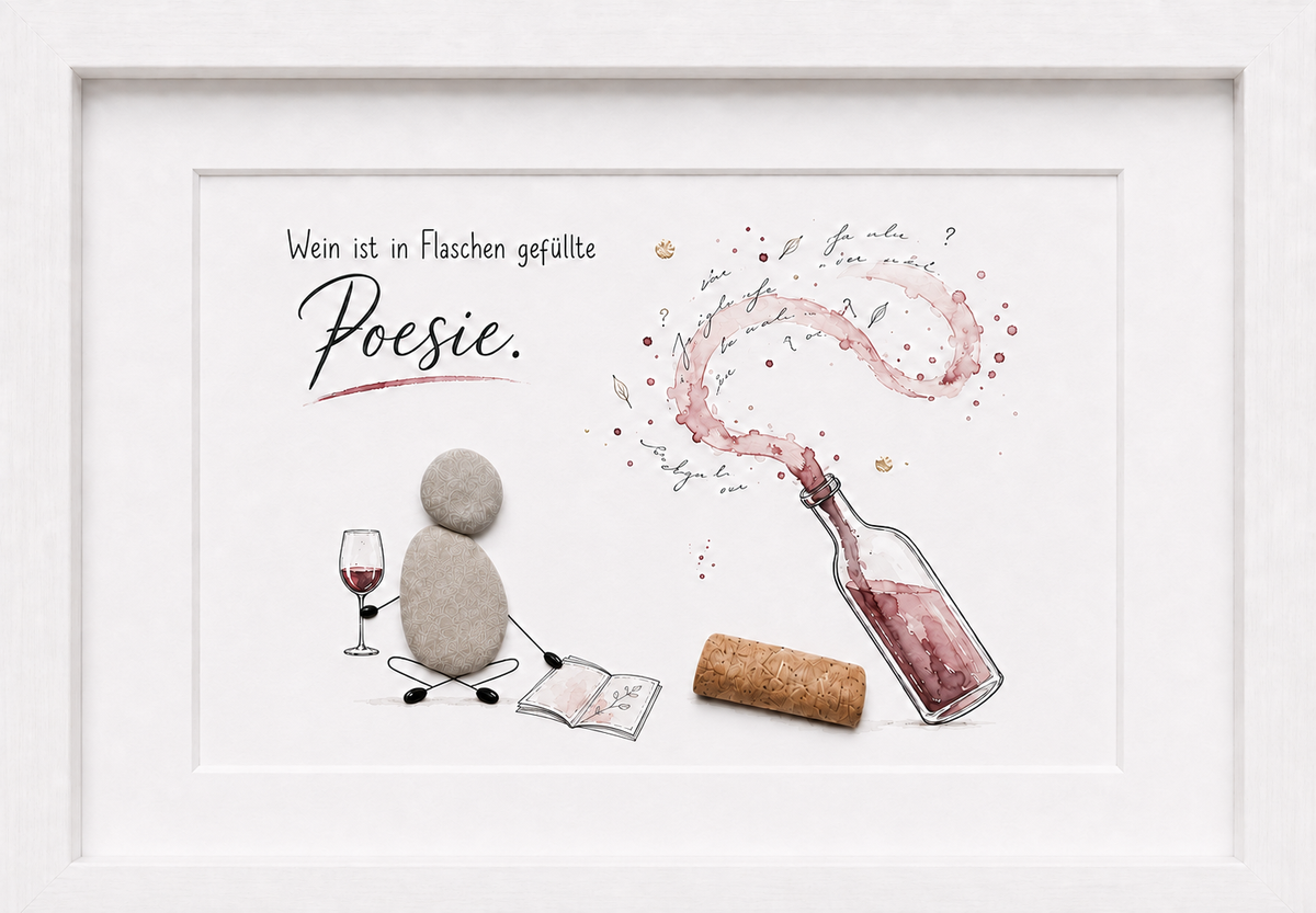 Kieselsteinbild Wein ist in Flaschen gefüllte Poesie – Geschenk für Weinliebhaber, handgemachtes Steinbild