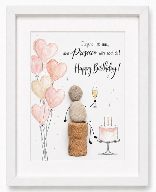 Steinbild „Jugend ist aus, aber Prosecco wäre noch da“ – Luftballons