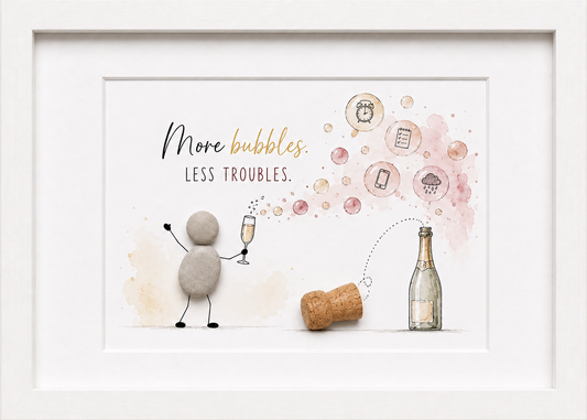 Kieselsteinbild More bubbles less troubles – Geschenk für Prosecco- und Sektliebhaber, handgemachtes Steinbild
