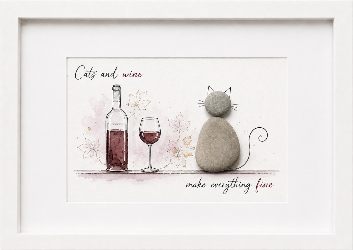 Kieselsteinbild Cats and wine make everything fine – Geschenk für Weinliebhaber, handgemachtes Steinbild