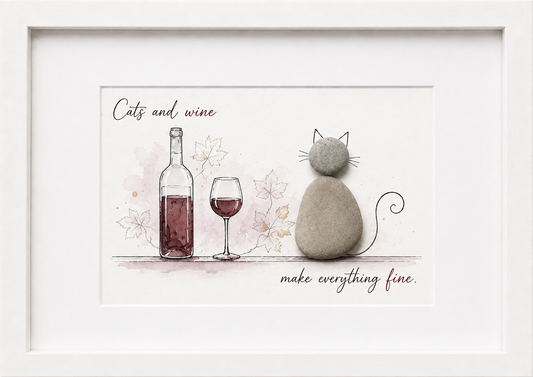 Kieselsteinbild Cats and wine make everything fine – Geschenk für Weinliebhaber, handgemachtes Steinbild