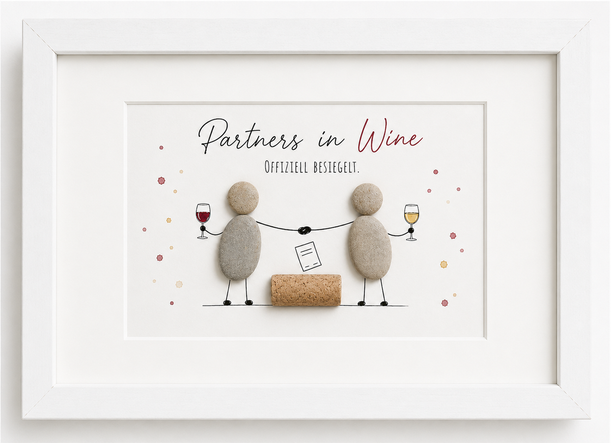 Kieselsteinbild Partners in Wine offiziell besiegelt – Geschenk für Weinliebhaber-Duos, handgemachtes Steinbild